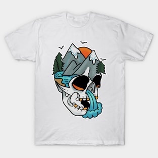 Tattoo Art Skull With Lake, Waterfall, Sunset and Mountains T-Shirt